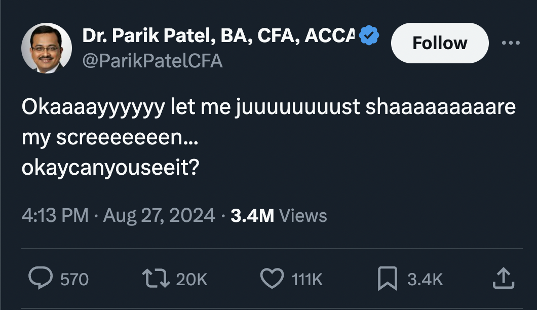 screenshot - Dr. Parik Patel, Ba, Cfa, Acca Okaaaayyyyyy let me juuuuuuuust shaaaaaaaaare my screeeeeeen... okaycanyouseeit? 3.4M Views 570 t 20K